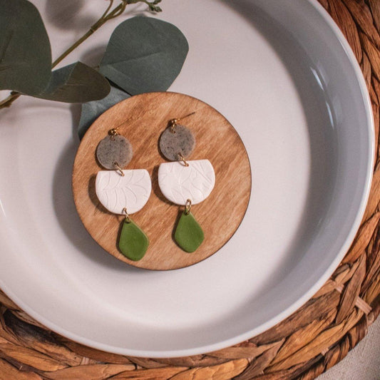 Christi | Gray Granite, White, and Olive Green Clay Earrings - Hilltop Lane Boutique