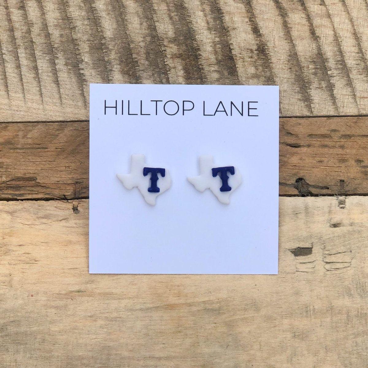 Texas Rangers Handmade Stud Earrings, White Texas with Blue T - Hilltop Lane Boutique