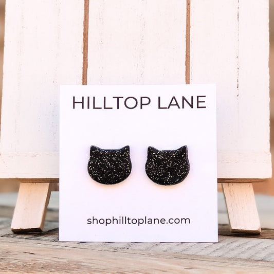 Black Glitter Cat Stud Earrings