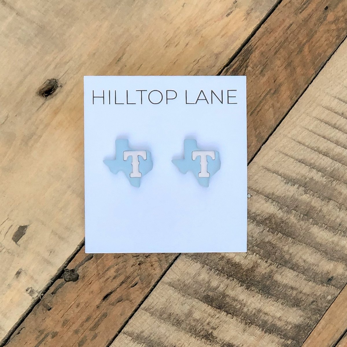 Texas Rangers Handmade Stud Earrings, Powder Blue Texas with white T - Hilltop Lane Boutique