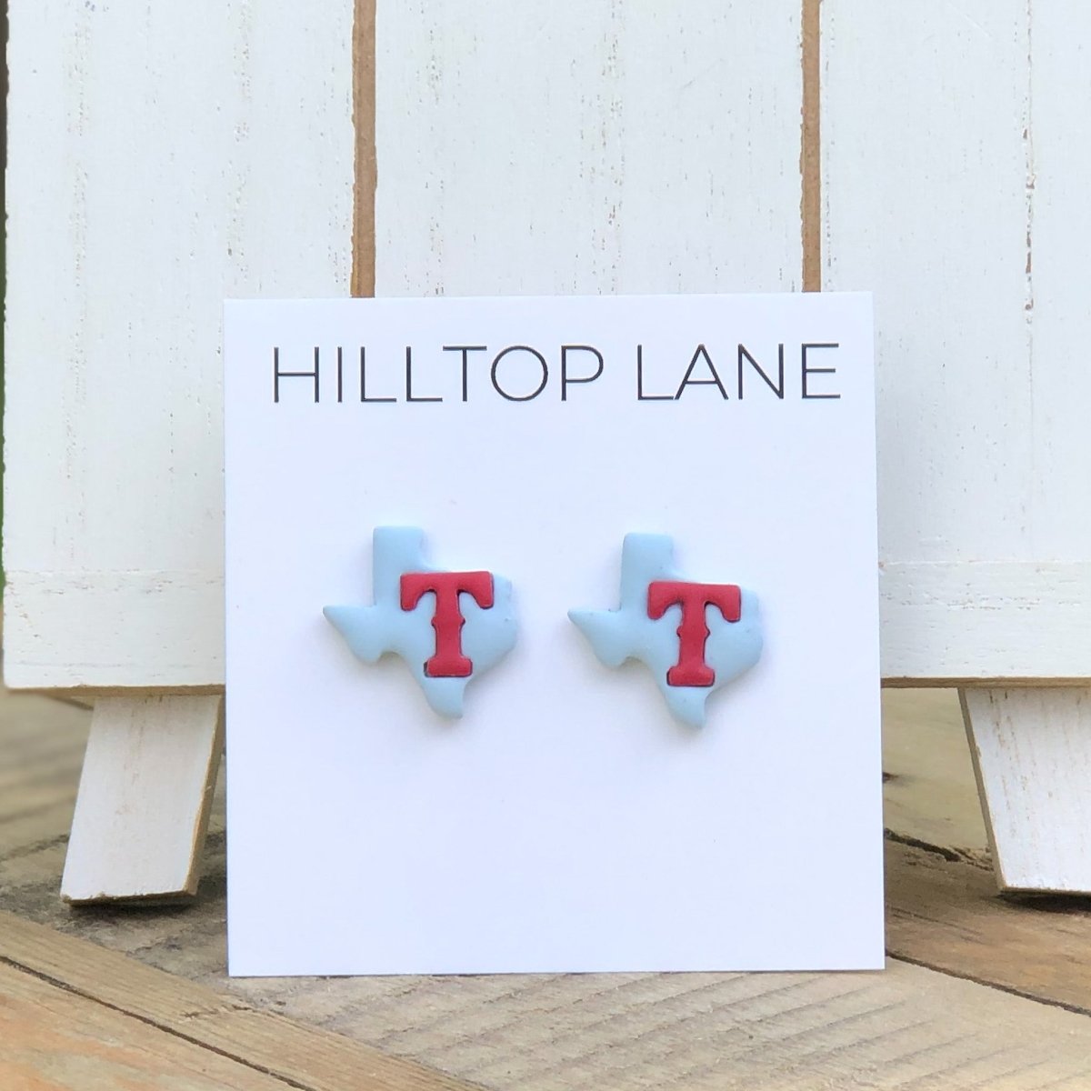 Texas Rangers Handmade Stud Earrings, Powder Blue Texas with Red T - Hilltop Lane Boutique