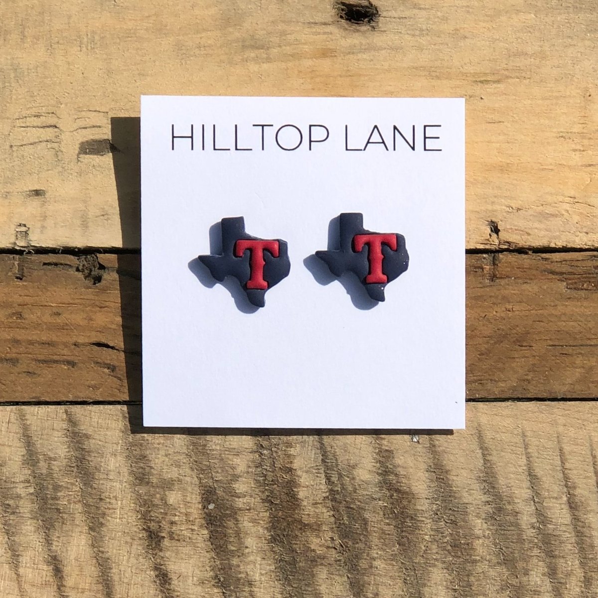 Texas Rangers Handmade Stud Earrings, blue Texas with red T - Hilltop Lane Boutique