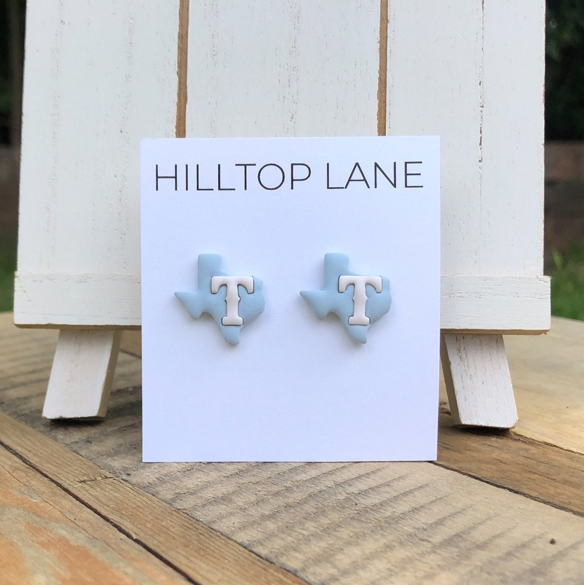 Texas Rangers Handmade Stud Earrings, Powder Blue Texas with white T - Hilltop Lane Boutique