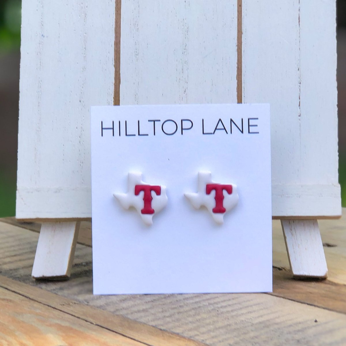 Texas Rangers Handmade Stud Earrings, white Texas with red T - Hilltop Lane Boutique