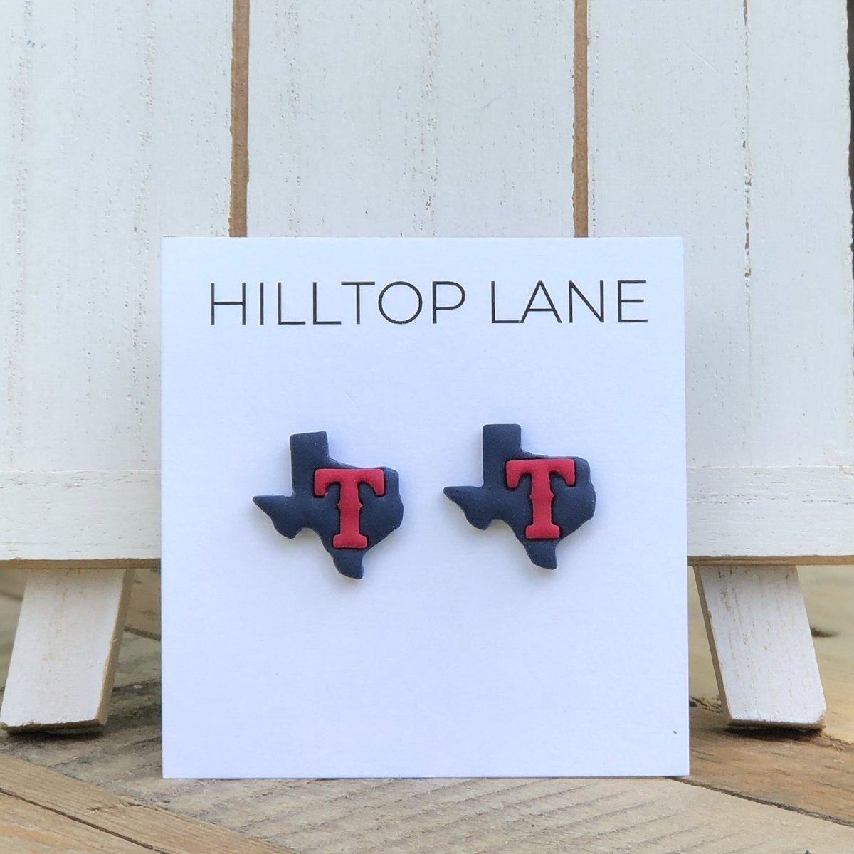 Texas Rangers Handmade Stud Earrings, Blue Texas with red T - Hilltop Lane Boutique